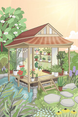 Vector hand drawn illustration of green tea house with many different plants in summer garden
