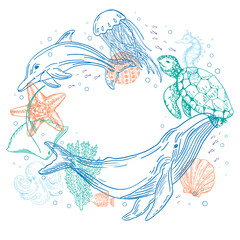 Underwater life - animals and plants. Vector hand drawn line illustrations

