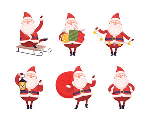 Set of funny Santa Claus character riding sleigh, carrying gifts and holding garland. Christmas New Year symbol cartoon vector illustration