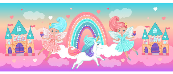 Castles, princesses and unicorn in the clouds. Wallpaper for kid girl room, with vector hand drawn illustrations with magic fairytale theme
