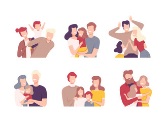 Portraits of happy families set. Parents and kids hugging and having fun together flat vector illustration