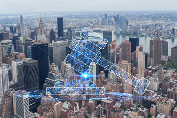 Aerial panoramic city view of Upper Manhattan area, the East Side, river and Brooklyn on horizon, New York, USA. Glowing hologram legal icons. Concept of law, order, regulations and digital justice