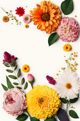 Fototapeta na wymiar Top-view floral background photo with plenty of copy space, perfect for website backgrounds, social media posts, advertising, packaging, etc. Vibrant flowers, lush greenery, shallow depth of field.