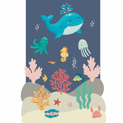 Underwater animals and plants. Vector illustration with hand drawn art
