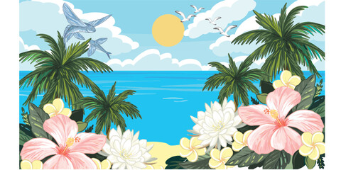 Fototapeta na wymiar Tropical landscape with ocean and palm trees and flowers. Vector hand drawn illustrations 