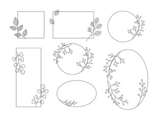 Graphic vector isolated frames with plant branches, buds, leaves and berries 