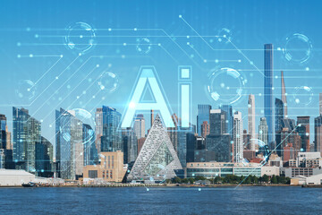 Fototapeta premium New York City skyline from New Jersey over the Hudson River towards Midtown Manhattan at day time. Artificial Intelligence concept, hologram. AI, machine learning, neural network, robotics