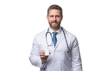nasal medication. cheerful doctor hold nasal drop. man with nasal spray