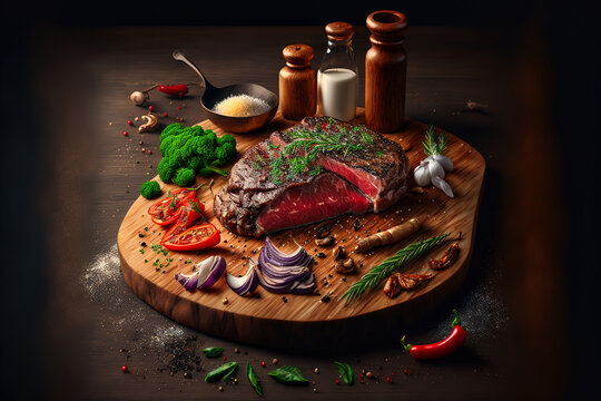 Tasty juicy steak served on a chopping wooden board with ingredients and spices scattered around it