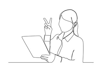 businesswoman in continuous line art drawing style. smiling and holding digital tablet, standing isolated on white background. Vector illustration