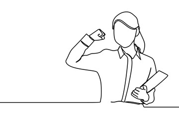 businesswoman in continuous line art drawing style. smiling and holding digital tablet, standing isolated on white background. Vector illustration