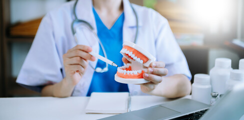 Concentrated dentist sitting at table with jaw samples tooth model and working with tablet and laptop in dental office professional dental clinic.