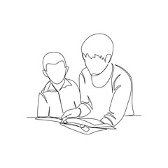 Vector illustration of a woman reading a book to her child drawn in line art style