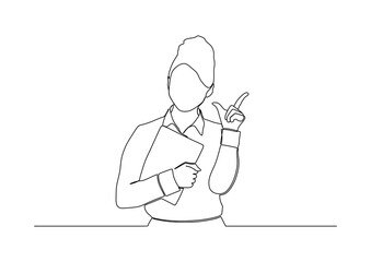 businesswoman in continuous line art drawing style. smiling and holding digital tablet, standing isolated on white background. Vector illustration