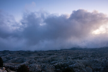 Landscape in the clouds under Mount Pantokrator on the island of Corfu, Greece