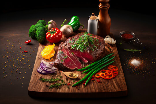 Tasty juicy steak served on a chopping wooden board with ingredients and spices scattered around it