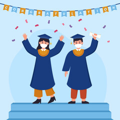 Illustration of students celebrating graduation wearing medical masks vector design