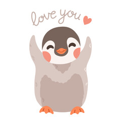 Cute penguin with lettering love you and heart. Penguin cartoon vector.