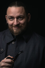 stylish man in retro outfit suit hat smoking wooden pipe cosplay england gentleman fashionable confident gangster style