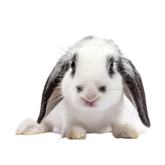 Cute black and white baby rabbit, sitting up facing front. Looking towards camera. Isolated cutout...