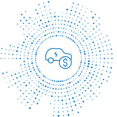 Blue line Electric car price icon isolated on white background. Electric auto industry growth concept. Electric car sale concept. Abstract circle random dots. Vector