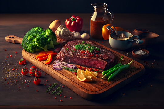 Tasty juicy steak served on a chopping wooden board with ingredients and spices scattered around it