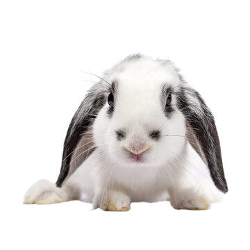 Cute black and white baby rabbit, sitting up facing front. Looking towards camera. Isolated cutout on a transparent background.