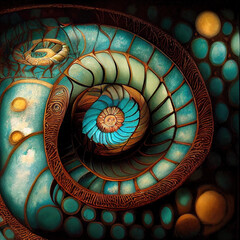 Spiral of the dream time in aborigine colors. Teal spiraled mandala with orange accents. Illustration, generative art.