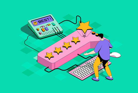 Best feedback concept in 3d isometric design. Man rates quality in stars and leave comments or reviews. Customer and user satisfaction. Isometry illustration with people scene for web graphic