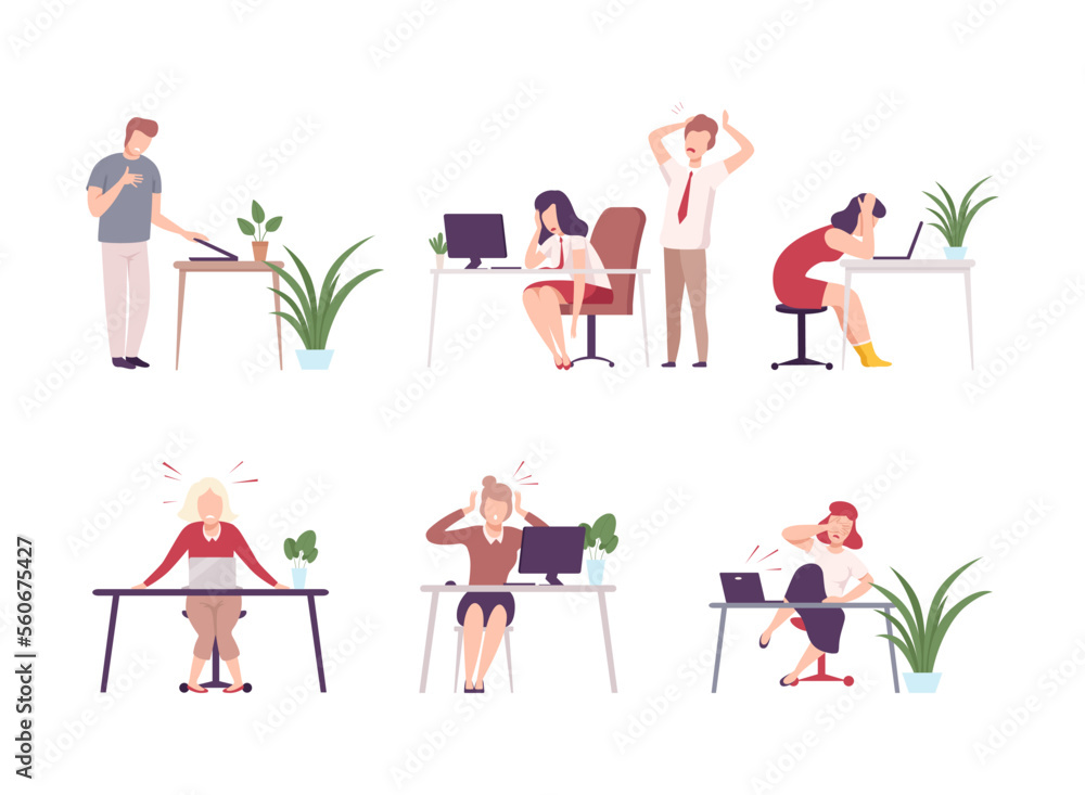Poster stressed overworked business people working at computers set. busy office workers characters flat ve