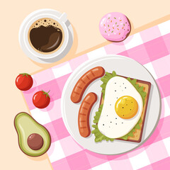 A set table with breakfast - eggs, sausages, tomatoes, avocado, cake and a cup of coffee.