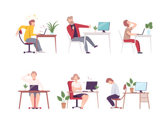 Tired overworked business people working in office set. Busy overloaded office workers characters flat vector illustration