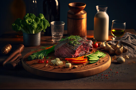 Tasty juicy steak served on a chopping wooden board with ingredients and spices scattered around it
