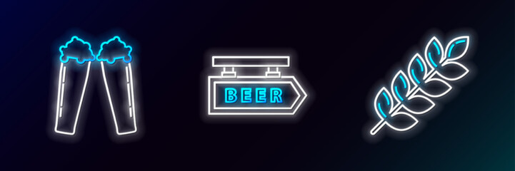 Set line Cereals set with rice, wheat, corn, oats, rye, barley, Glass of beer and Street signboard inscription Beer icon. Glowing neon. Vector