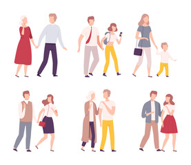 Happy loving couples walking together set. Happy families spending time together flat vector illustration