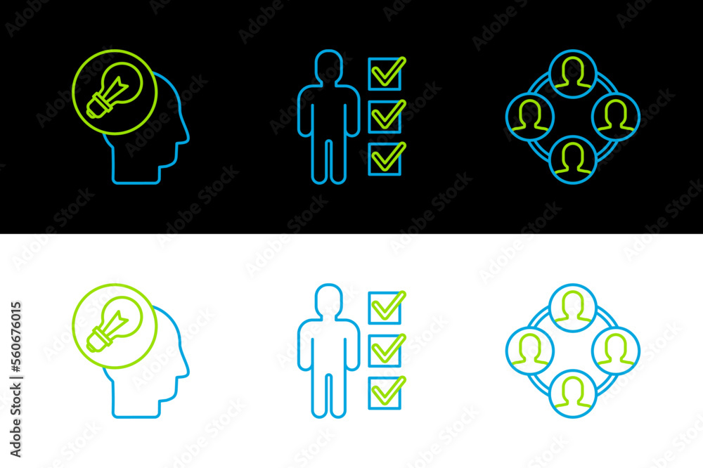Aufkleber set line project team base, human head with lamp bulb and user of in business suit icon. vector