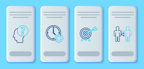 Set line Time Management, Target with arrow, Human head question mark and Project team base icon. Vector