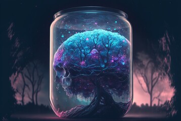 Laboratory experiment of human brain and alien mutagen infused in glass jar; bizarre living and sentient new life form evolving - Generative AI illustration.