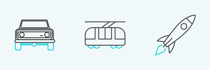 Set line Rocket ship with fire, Off road car and Tram and railway icon. Vector