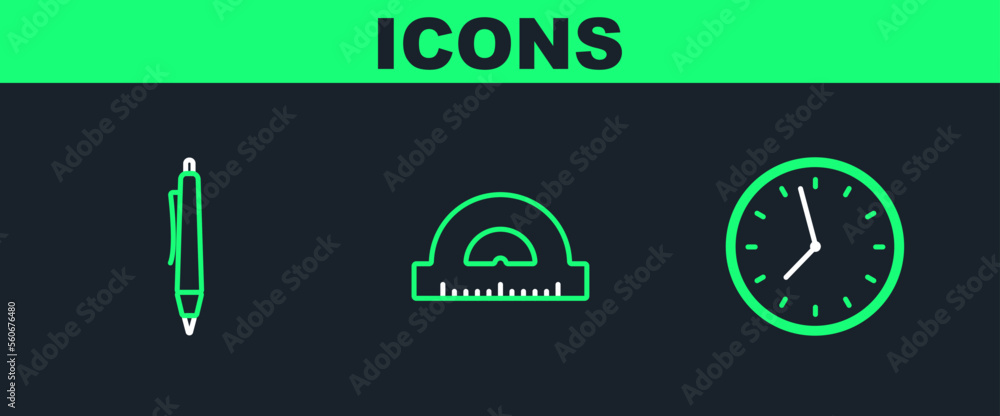 Poster set line clock, pen and protractor grid for measuring degrees icon. vector