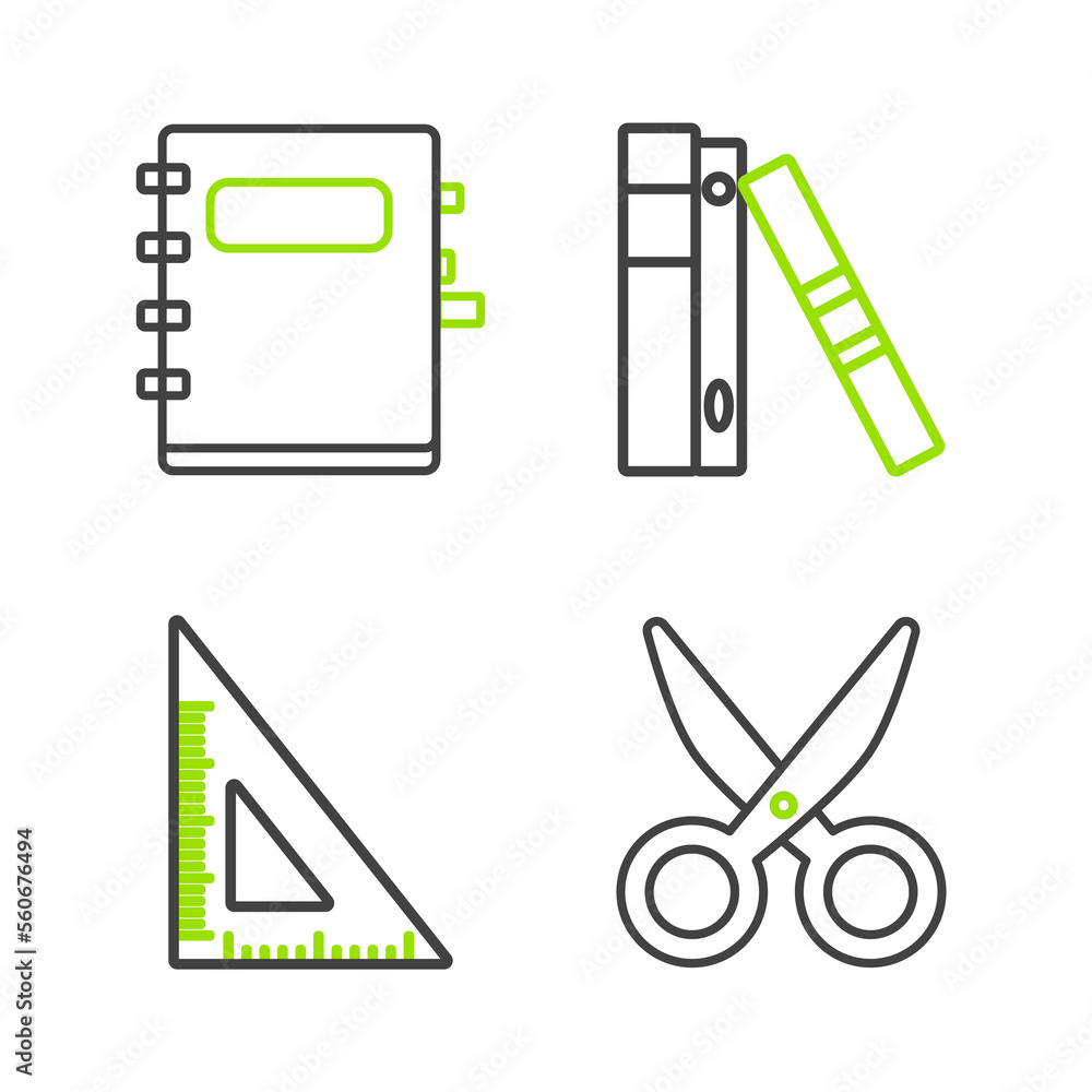Poster set line scissors, triangular ruler, office folders with papers and documents and notebook icon. vec