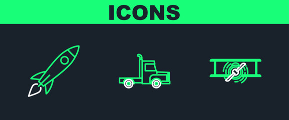 Set line Old retro vintage plane, Rocket ship with fire and Delivery cargo truck vehicle icon. Vector