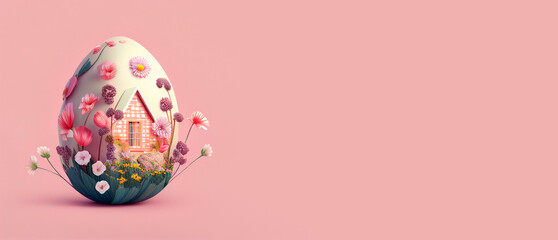 Fototapeta na wymiar Pink banner with Easter egg, flowers, painted small house and copy space. Easter backdrop. Empty space for text, advertising. Postcard, greeting card design. Pascha, Happy Easter Day. Generative AI.