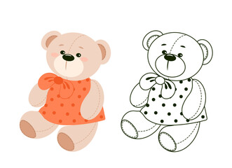 Vector hand-drawn illustration of a cute teddy bear in clothes. Gift toy for Valentine's day, birthday, Christmas, holiday. Doodle.