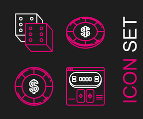 Set line Online poker table game, Casino chip with dollar symbol, and Game dice icon. Vector