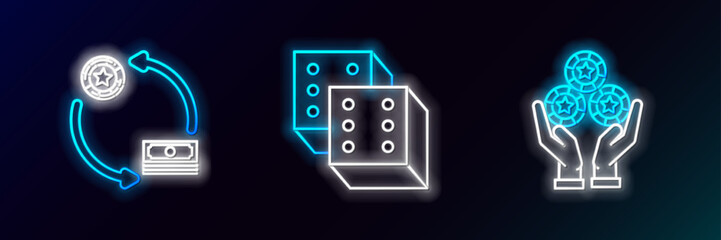 Set line Hand holding casino chips, Casino exchange on stacks of dollars and Game dice icon. Glowing neon. Vector