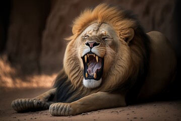 a large lion yawning on the ground. Generative AI