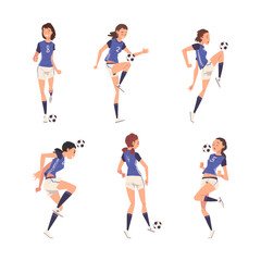 Set of girls in uniform playing soccer. Teenage soccer players running and kicking ball cartoon vector illustration