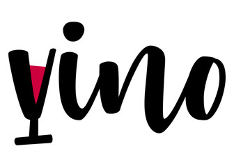 Logo carta de vino. Letras de la palabra vino con copa de vino en lugar de letra v. Texto manuscrito vino en español	