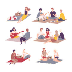 People having picnic on nature set. Friends spending time together and relaxing outdoors flat vector illustration